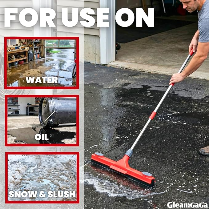 Floor Squeegee with 2 Replaceable Heads – 17'' EVA Foam Blade for Uneven Surfaces, 62'' Long Handle, Built-in Towel Clip, Non-Scratch Heavy Duty Squeegee Broom for Garage, Window, Tile, Patio & Shower