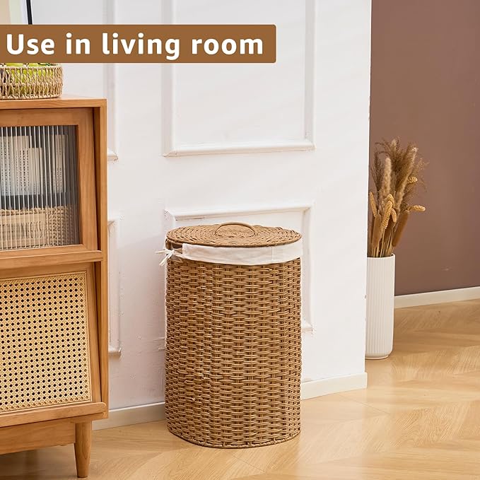 Round Wicker Laundry Hamper with Lid Handwoven Rattan Basket with Handles for Dirty Clothes, 2 Washable Liner Bags, No Assembly Required, Washable Basket, 60L
