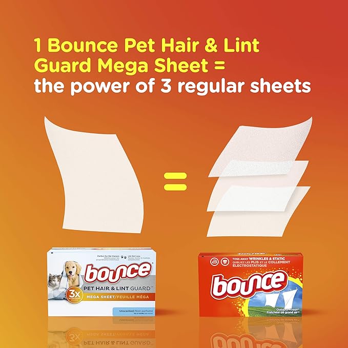 Bouce Bounce Pet Hair and Lint Guard Mega Dryer Sheets for Laundry, Fabric Softener with 3X Pet Hair Fighters, Unscented, Hypoallergenic, 120 Count
