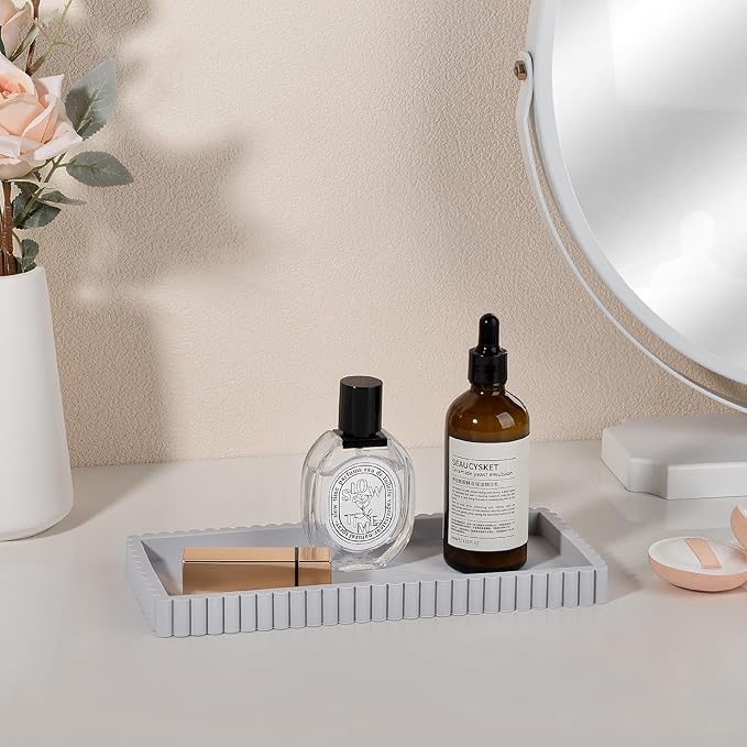 Silicone Bathroom Tray Small Vanity Organizer Rectangle Sink Caddy Sponge Holder Kitchen Counter Decor for Dish Soap, Perfume, Candle, Light Gray