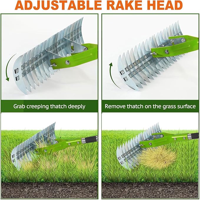 Thatch Rake,15" Lawn Dethatcher Rakes,Dead Grass Remover,Manual Dethatching Rake with Adjustable Length Handle,Scarifier Rake,Thatching Rakes for Lawns Grass Loosening Soil