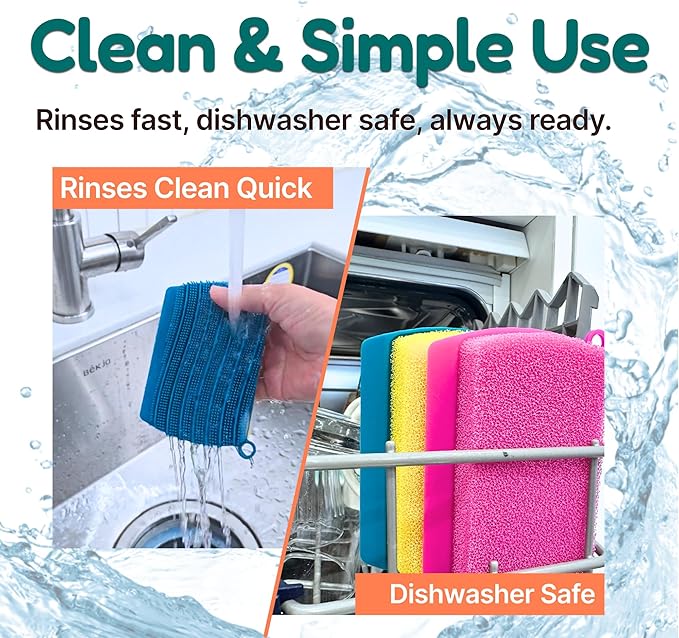 3-in-1 Silicone Scrubber Sponge with Squeegee – Non-Scratch Kitchen Sponge for Dishes, Sink & Bathroom, Quick-Dry, Reusable Cleaning Tool (Pink)