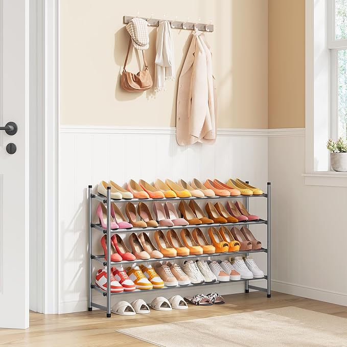 Tajsoon Expandable Shoe Rack for Closet 4 Tier, 29“-41“Adjustable & Stackable Shoe Shelf Storage, Metal Shoe Rack Organizer for Front Door Entrance, Closet, Garage, Entryway, Grey