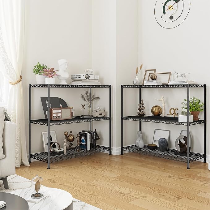 3- Shelf Metal Shelving Unit 35.6Wx14Dx36H,Adjustable Storage Shelves Heavy Duty Garage Steel Shelving for Office,Wire Rack Small Shelf for Kitchen Shelves Laundry Bathroom Pantry Closet Black,2pc