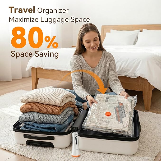 Vacuum Storage Bags for Travel with Rechargeable Air Pump, 12 Pack Space Saver Bags for Clothing, Luggage & Suitcase Compression, Efficient & Portable Storage Solution for Travel Essentials