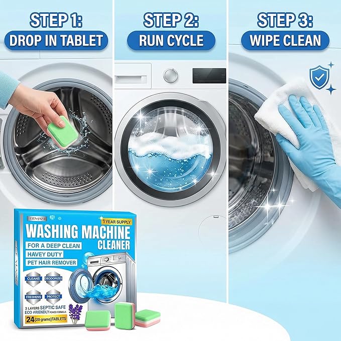 EEMANI Washing Machine Cleaner Tablets 24 Pack – Deep Cleaning for HE Front & Top Load Washer, 20g Tablets, Freshener for Drum & Tub – 1 Year Supply