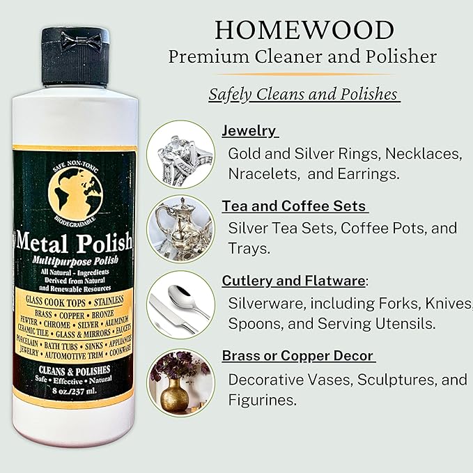 Silver Jewelry Cleaner - Multipurpose Homewood Metal Polish and Cleaner bundle with 1x Microfiber Cleaning Cloth Bundle - Stainless Steel Cleaner to Remove Tarnish & Restore Shine of Jewelry & More