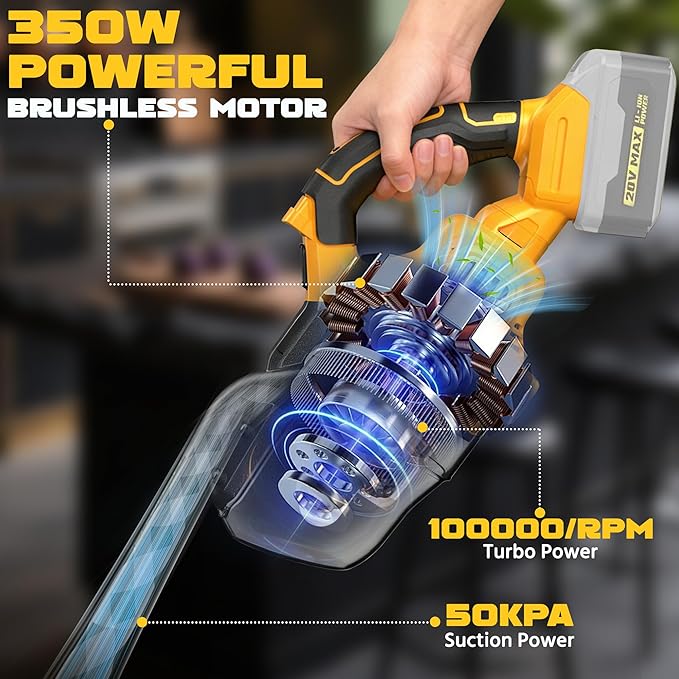 Cordless Vacuum Cleaner Compatible with Dewalt 20V Battery (No Battery), 50kPa 125AW Strong Suction | 5 HEPA Filters | 4-in-1 Nozzle | 65CFM Brushless Handheld Vacuum for Home, Car, Pet (Tool Only)