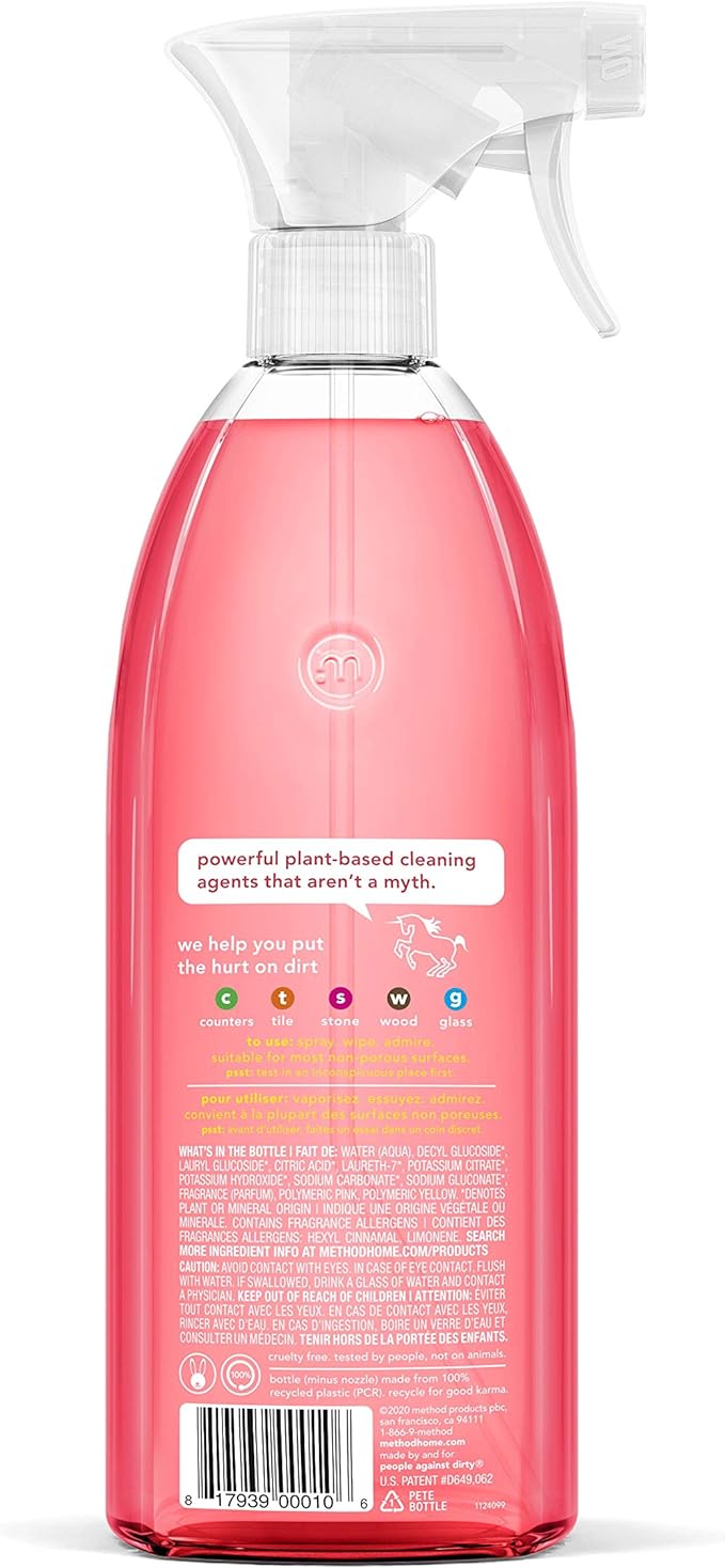 Method All-Purpose Cleaner Spray, Pink Grapefruit, Perfect for Most Counters, Tiles, Stone, and More, 28 oz Spray Bottles, (Pack of 8)