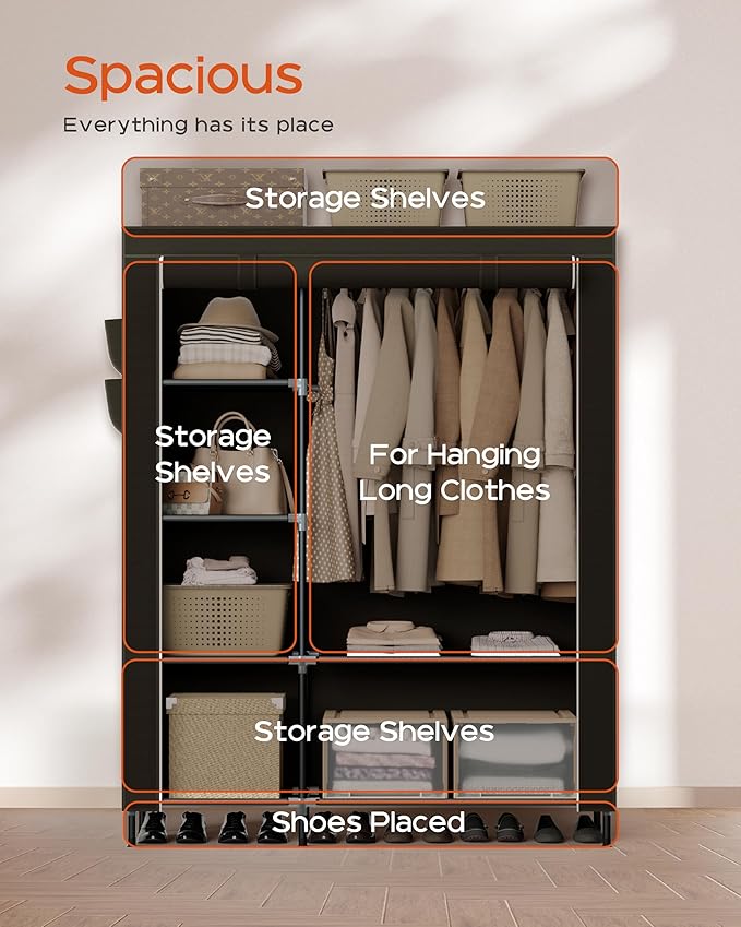 CASAMAYA Portable Closet, 48 Inch Large Capacity Wardrobe Closet, Clothes Storage Organizer with Shelves and Hanging Rod, Easy to Assembly, Black PCT221B01