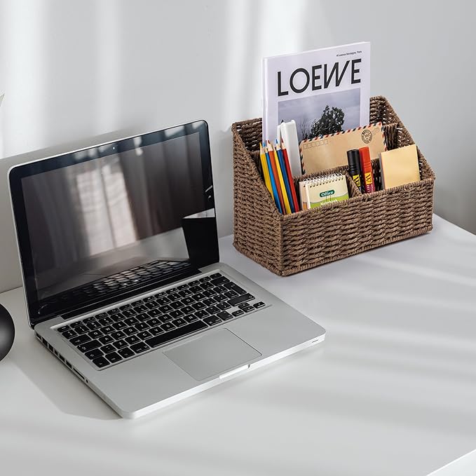 Woven Mail Organizer, Mail Organizer Countertop, Natural Tabletop Mail Holder, Rattan Desk Organizer, Boho Office Desk Accessories, Mail Basket for Bill Mail Papers Letters(Brown)