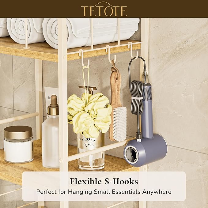 TETOTE 5-Tier Bathroom Towel Rack Metal Towel Storage Organizer M-Shaped Detachable Dividers Towel Holder for Pool, Laundry, White