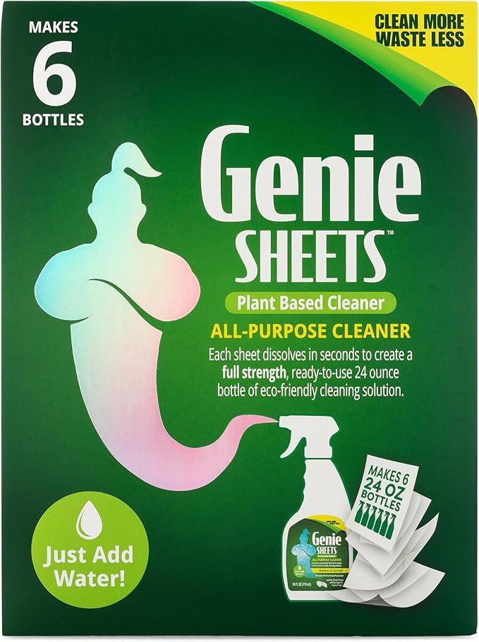 Genie Sheets All Purpose Cleaner | Concentrate Makes 6 24oz Refills | Professional-Strength | Just Add Water | Sustainable Eco-Friendly Plant-Based Solution | 6 Sheets