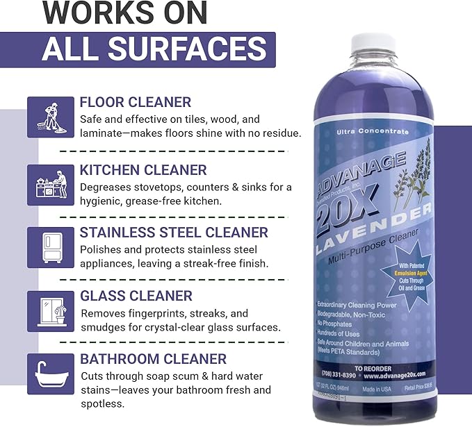 All Purpose Cleaner Concentrate - Advanage 20X The Wonder Cleaner Lavender for All Surfaces Around Bathroom, Kitchen, Oil and Grease, Multi Purpose Cleaner for Household Cleaning Solution | 32 FlOz