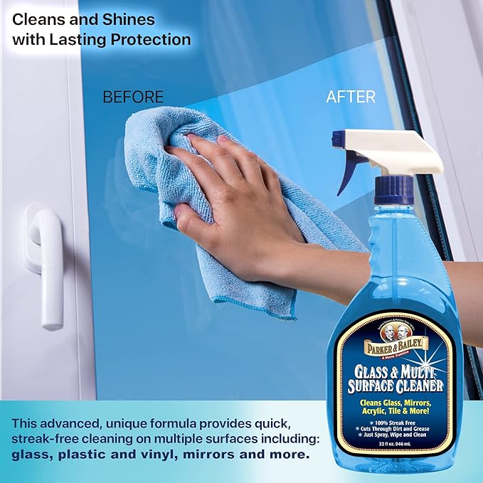 Parker & Bailey Glass & Multi-Surface Cleaner - Glass Cleaner Spray Multi Surface Cleaner Cleaning Spray Mirror Cleaner Tile Cleaner Bathroom Cleaner Multipurpose Cleaning Supplies, 32 Oz