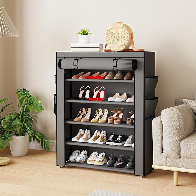 Mavivegue Shoe Rack with Cover, 5 Tier Shoe Organizer for Entryway, Shoe Storage for Front Door Entrance, Closet, Garage, Grey