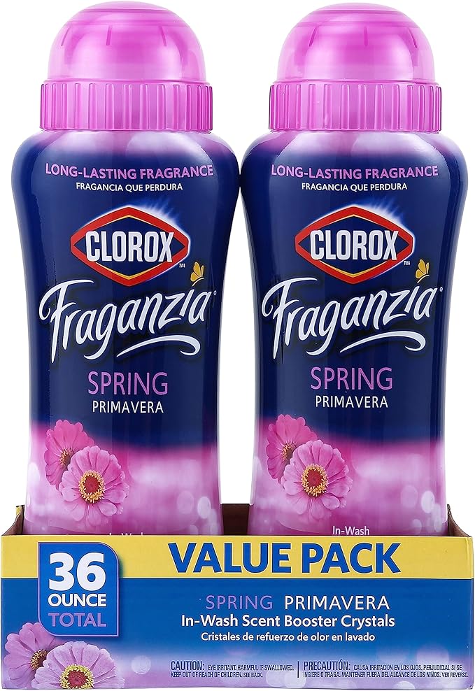 Clorox Fraganzia Laundry Scent Booster Crystals, In-Wash Fragrance Beads for Fresh-Smelling Clothes & Linens, Safe for All Fabrics & Colors, Easy-Pour Bottle, Spring Scent, 18 Oz, 2 Pack