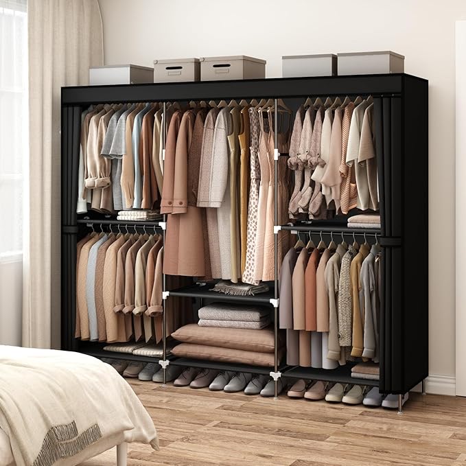MOGELAFOO 83" Closet Wardrobe, Portable Closet for Bedroom, Freestanding Clothes Rack with Non-Woven Fabric Cover, 5 Hanging Rods, 6 Storage Shelves, Clothes Storage Organizer, Black