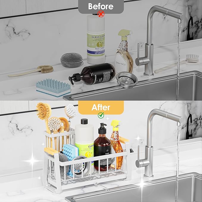Doasuwish Sponge Holder for Kitchen Sink with Dish Brush Holder, Rustproof 304 Stainless Steel Sink Caddy for Kitchen Countertop Accessories & Storage