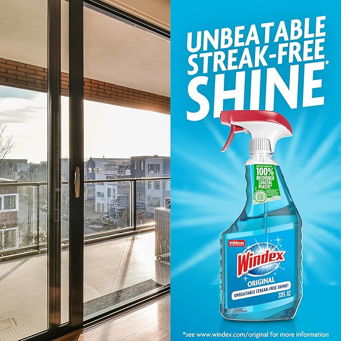 Windex Refill Glass and Window Cleaner Bottle, Bottle Made from 100% Recycled Plastic, Surface Cleaning Spray, Original Blue Scent, 2L (67.6 Fl Oz)