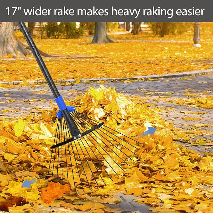 Adjustable Metal Leaf Rake Long Handle, Garden Rakes for Lawns Heavy Duty Leaves with Expandable Head 8-17", Yard Women Kids Rake for Gardening RV Camping