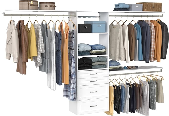 ClosetMaid SuiteSymphony Hanging Closet Kit Includes (1) Tower, (3) Closet Rods, (4) Shelves, (3) Top Shelves w/Brackets, and (4) Drawers, White
