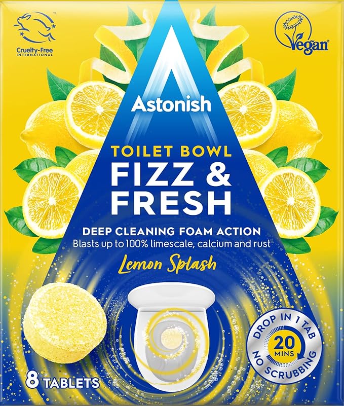 Astonish Foaming Lemon Splash Fizz & Fresh Bathroom Toilet Bowl Cleaner - Deep Cleaning Limescale, Calcium & Rust Stain Remover- No Spray Bottle Needed, Removes Hard to Reach Stains, 8 Tablets