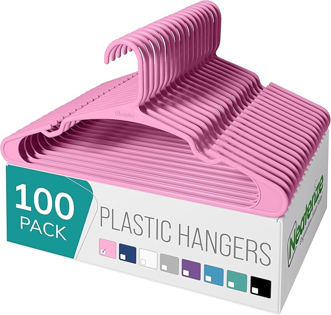 NEATERIZE Clothes Hangers Plastic 100 Pack for Adults - Plastic Hangers, The Perfect Coat Hanger and Space Saving Clothes Hangers for Closet - Pink Hangers