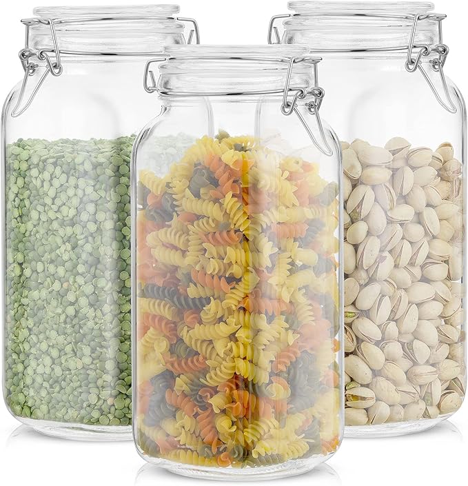 JoyJolt Airtight Glass Jars with Lids Set of 3. 78oz Glass Jar with Lid and 6 Silicone Seals! Large Glass Food Storage Containers. Square Mason Jar, Candy Jar, Flour Jar, Pasta Containers for Pantry
