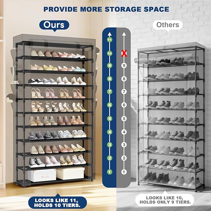 Mavivegue Shoe Rack with Cover, 10+1 Tier Tall Shoe Storage for 50-55 Pairs of Shoes, Shoe Organizer for Entryway, Closet
