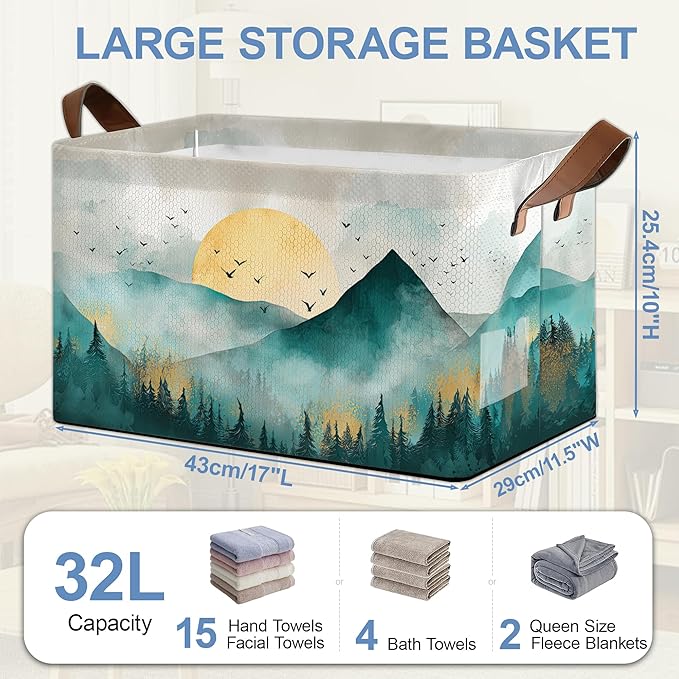 Abstract Mountains Collapsible Storage Box,Golden Sun Organizer Bin with Handles for Room Decoration,Bins Book Basket Box 17x11.5x10Inch