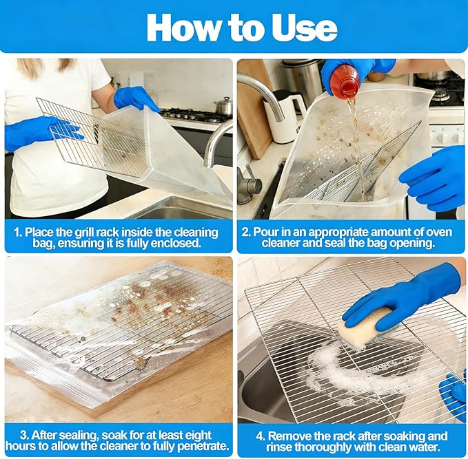 XANGNIER 10 Pack No Scrub Oven Rack Cleaning Bags 27.5*19.6 in,No Cleaner Included,Simple to Use,No Messy Hands Reusable Leakproof Soaking Cleaner Bags for Removable Metal Rack,BBQ Grills,Grill Grate