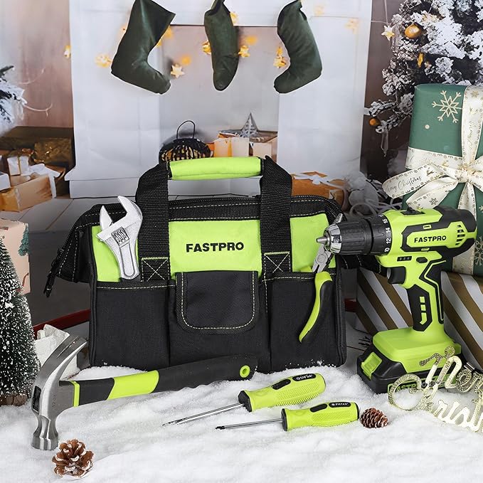 FASTPRO 232-Piece 20V Cordless Lithium-Ion Drill Driver & Home Tool Set, Household Repairing Tools Kit with Drill, 12-Inch Wide Mouth Storage Bag, Green