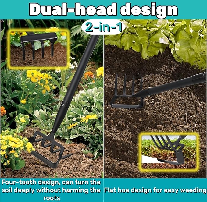 Garden Hoe, Stirrup Hoe with Adjustable Handle for Weeding Digger loosening Soil Metal Garden Cultivator with Rake Tiller Cultivator (30-73 Inch)
