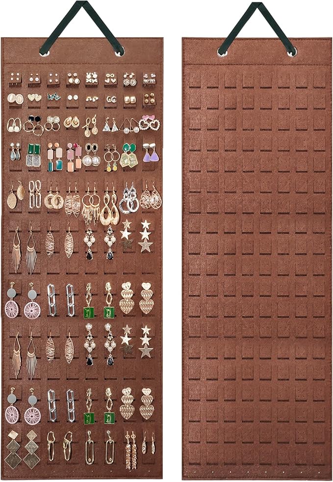 Lolalet Hanging Earring Holder Organizer with 20 Hooks for Women, Earring Organizer Wall Earrings Hanger Pierced Earring Storage, Felt Stud Earring Display, 608 Holes for Earrings - Brown, 1 Pack