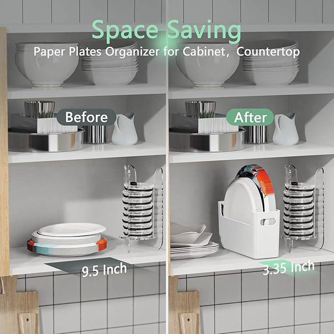 4Pcs Paper Plate Dispenser for 6-9.5 Inch Disposable Plates, Space-Saving Plastic, Foam and Paper Plate Storage Organizer for Cabinet, Countertop, RV or Outdoor (White)