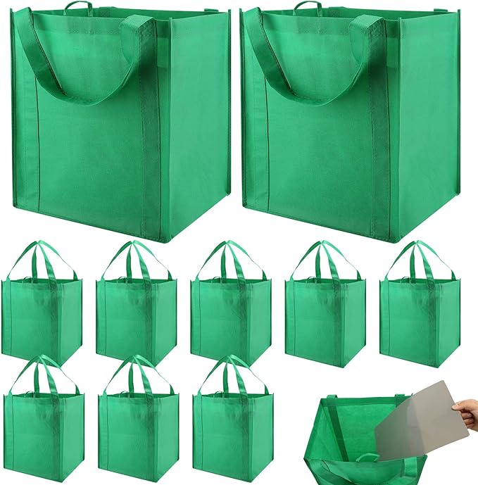 NERUB Set of 10 Reusable Grocery Bags Heavy Duty Shopping Bags Large Grocery Totes with Reinforced Bottom Super Sturdy Handles, Green