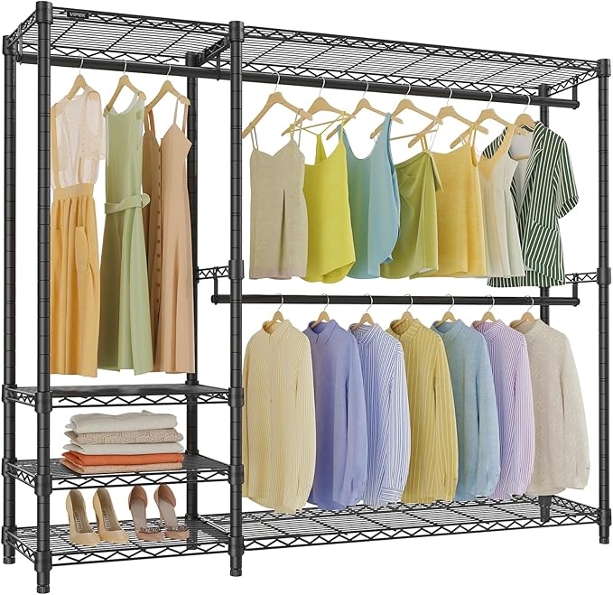 VIPEK V2 Plus Heavy Duty Clothes Rack, Portable Metal Clothing Racks with 4 Tiers Adjustable Wire Shelving & 3 Hanging Rods, Freestanding Closet Rack, Max Load 886LBS, Black