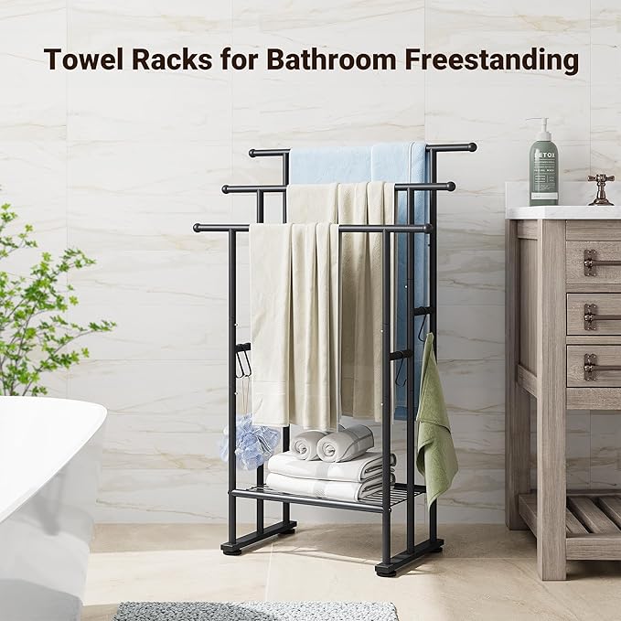 ELYKEN 3 Tier Standing Towel Rack, 40'' Tall Towel Drying Rack Outdoor, Freestanding Floor Towel Rack with Shelf, Pool Towel Blanket Stand, Metal Towel Racks for Bathroom freestanding, Matte Black