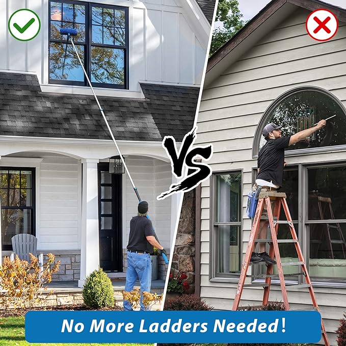 20 Feet High Reach Duster Kit with 5-12 Ft Extension Pole, Cobweb Duster with Telescoping Pole, Window Squeegee with Scrubber, Spider Web Brush, High Ceiling Fan Duster for High Window, Interior Roof