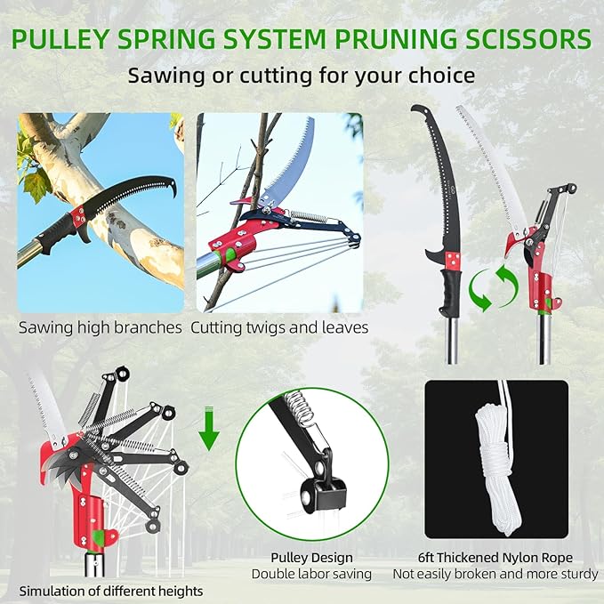 Manual Pole Saw for Tree Trimming, 27 FT Manual tree purner with 8 Fiberglass Handles, Sharp steel Blade and Scissors, Easy to Carry and Extendable Design for Tree Maintenance, Green