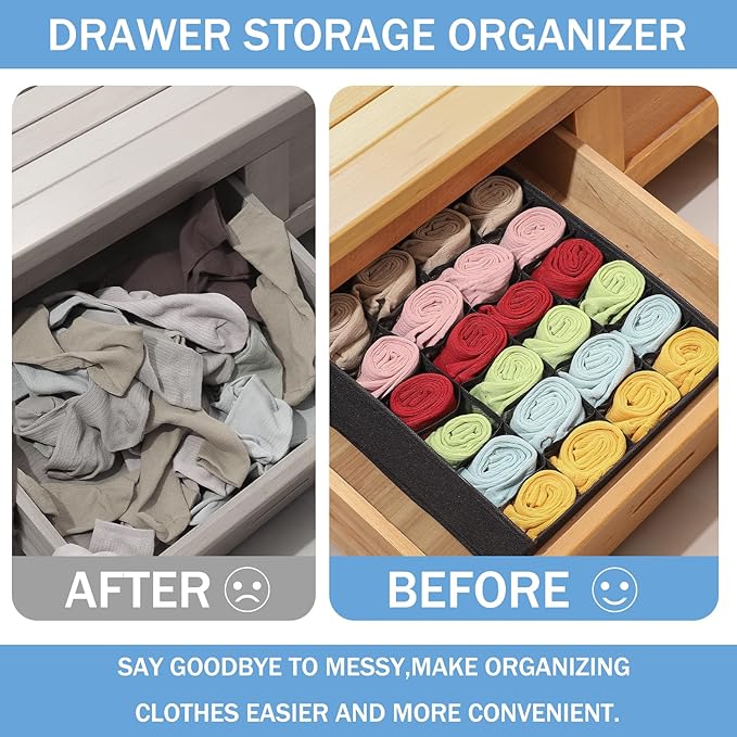 Foldable Storage Cubes Drawer Underwear Organizer Dividers， under Cabinet Organizer 24-Cell Fabric Storage Boxes for Lingerie,Socks,Ties （Black）