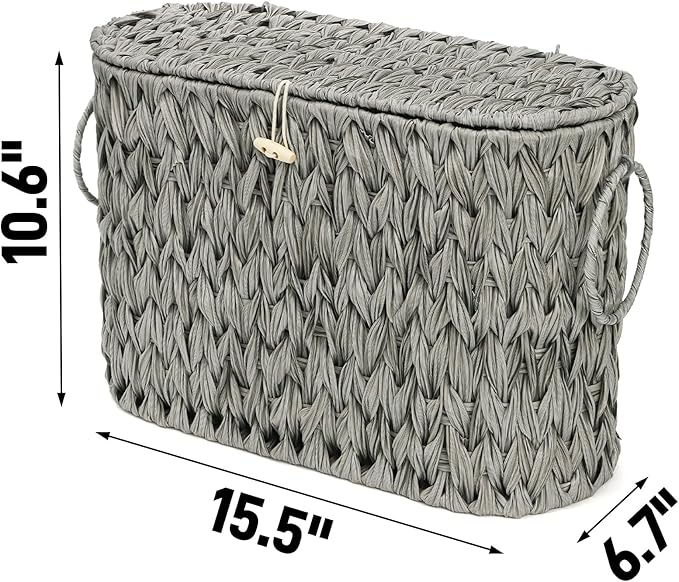 Pumtus Toilet Paper Storage Basket, Handwoven Toilet Paper Holder with Lid & Handle, Large Decorative Container for up to 6 Rolls, Plastic Trash Bin Magazine Organizer for Bathroom, Office