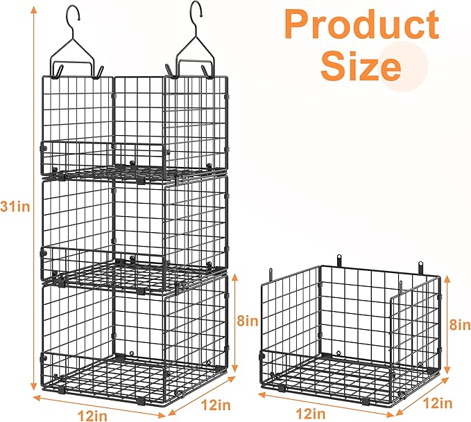 Sonyabecca 3-Tier Hanging Closet Organizer, Foldable Cabinet Wire Storage Basket Bins with 5 S Hooks, Closet Shelves & Hanging Closet Shelf for Clothing, Sweaters, Handbags, Hats