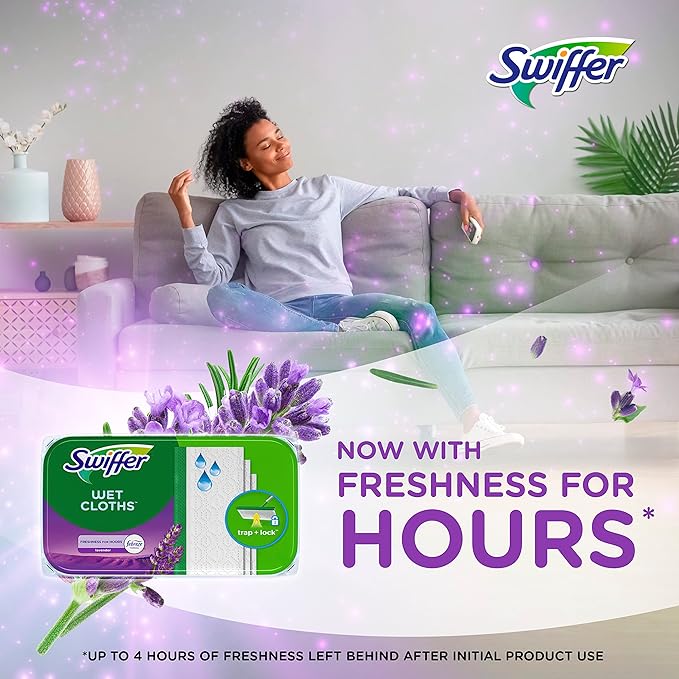 Swiffer Sweep + Mop, Wet Pads Refill, Floor Cleaner for Dirt, Dust, Hair, Cleaning Cloths for Mopping Home, Bathroom, Kitchen, All Purpose Multi-Surface Floor Wipes, Lavender, 24ct