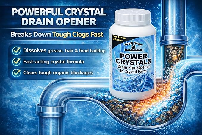 Black Swan 09175 Power Crystals Drain Opener, 1 lb (16 oz) - Heavy Duty Crystal Formula for Cleaning Clogged Drain Pipes Due to Grease, Food Scraps - Safe for Plumbing & Septic Systems