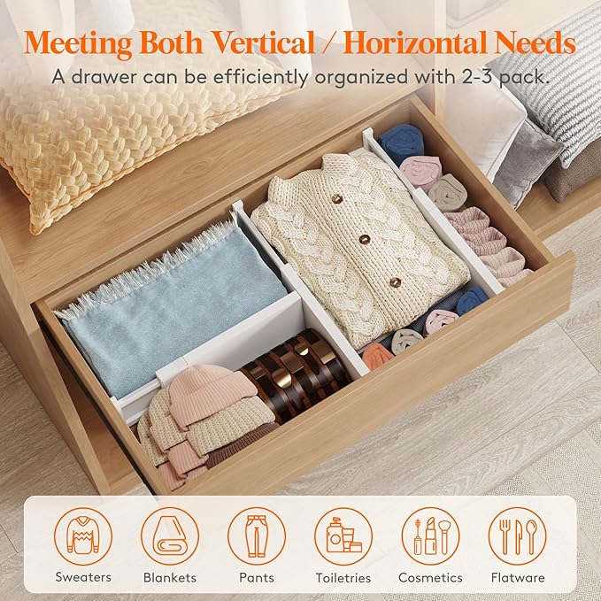 Lifewit 9 Pack 5" High Drawer Dividers 34-56cm/13.5-22" Adjustable Drawer Organizer for Clothes/Utensils, Expandable Drawer Separator in Dresser/Kitchen/Bedroom/Office Organization & Storage White