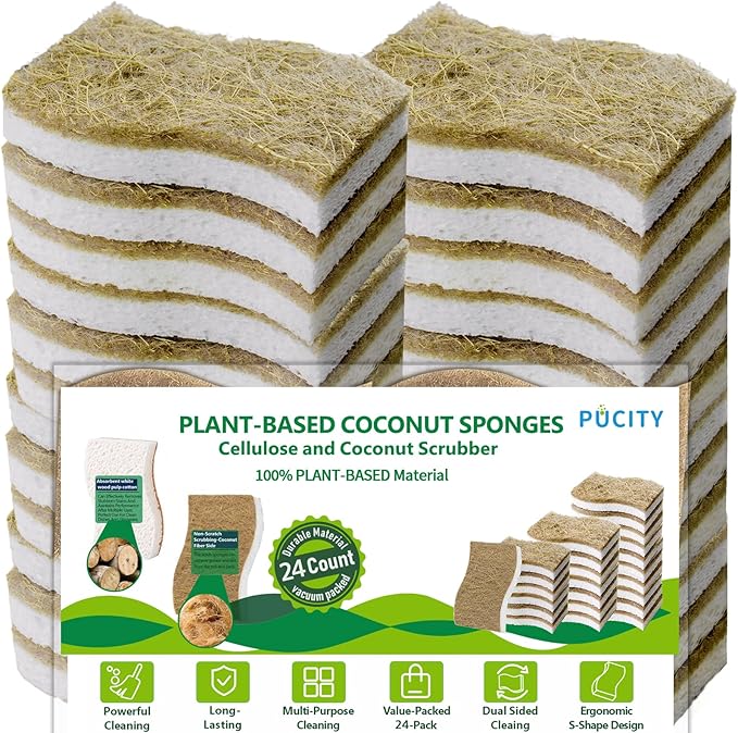 Sponges Kitchen Natural Dish Sponge Plant-Based Biodegradable Compostable Cellulose with Coconut Scrubber Sponge Non Scratch Eco Friendly Kitchen sponges for Kitchen Dishes