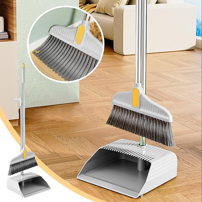 Broom and Dust Pan, Broom and Dustpan with 35.43 Inch Handle and Self-Cleaning with Dustpan Teeth for Home Kitchen Office Class Room Lobby Floor Cleaning, Broom Set, Broom
