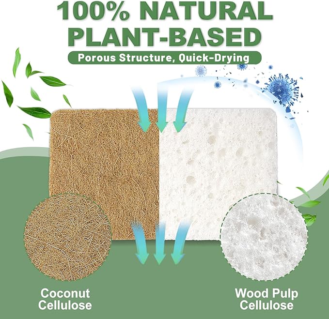 Aheroi Natural Dish Sponge, 32 Count FSC Certified Plant-Based Biodegradable Compostable Kitchen Sponges for Dishes Bulk, Organic Eco Friendly Cleaning Sponge for Bathroom, Household, Non Scratch